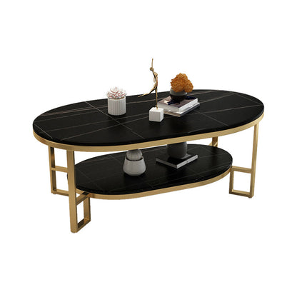Oval Slate Top Coffee Table Iron 4 Legs Cocktail Table with Shelf Gold-Black Clearhalo 'Coffee & Accent Tables' 'Coffee Tables' 'coffee_tables' 'furn' 'furn_coffee_tables' 'Furniture' 'Living Room Furniture' 7534027