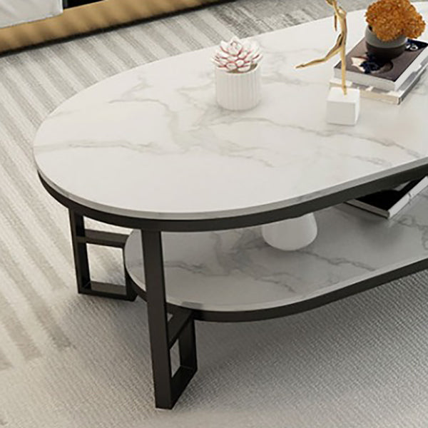 Oval Slate Top Coffee Table Iron 4 Legs Cocktail Table with Shelf Clearhalo 'Coffee & Accent Tables' 'Coffee Tables' 'coffee_tables' 'furn' 'furn_coffee_tables' 'Furniture' 'Living Room Furniture' 7534032