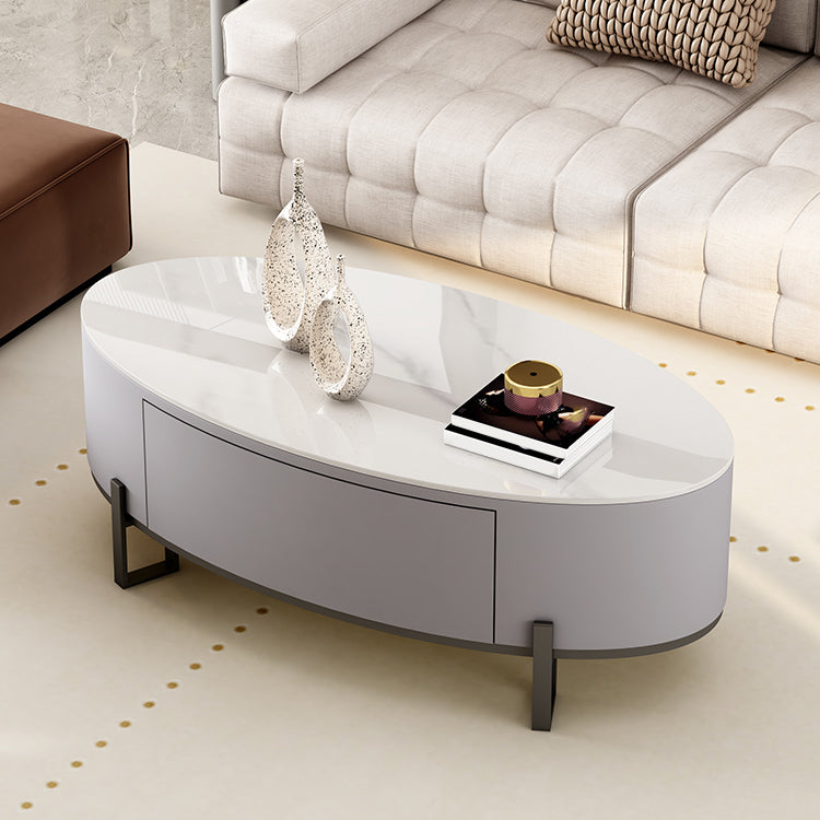 Couchtisch mit 4 Beinen, ovaler Cocktailtisch mit Schieferplatte und Schublade