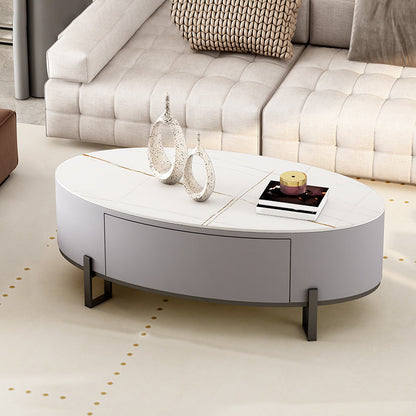 Couchtisch mit 4 Beinen, ovaler Cocktailtisch mit Schieferplatte und Schublade
