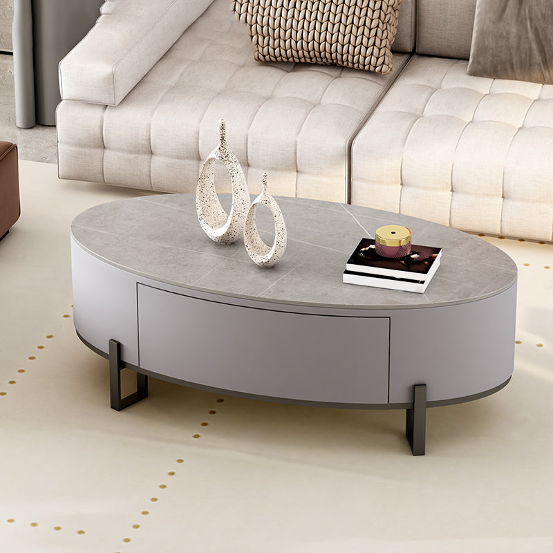 Couchtisch mit 4 Beinen, ovaler Cocktailtisch mit Schieferplatte und Schublade