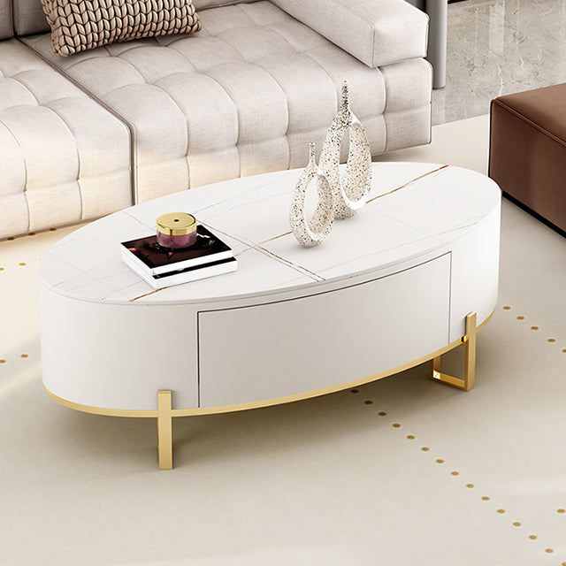 Couchtisch mit 4 Beinen, ovaler Cocktailtisch mit Schieferplatte und Schublade