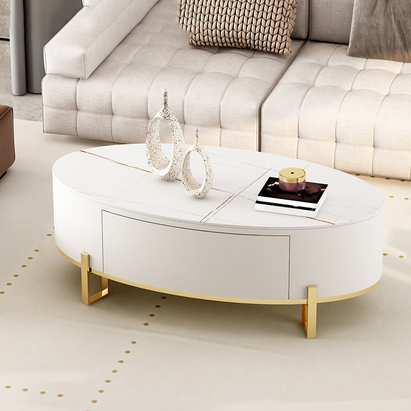 Couchtisch mit 4 Beinen, ovaler Cocktailtisch mit Schieferplatte und Schublade