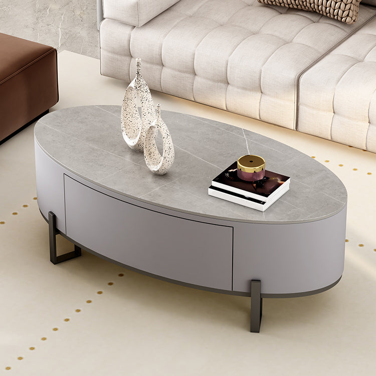 Couchtisch mit 4 Beinen, ovaler Cocktailtisch mit Schieferplatte und Schublade