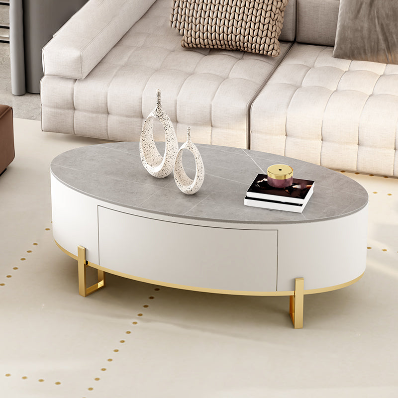 Couchtisch mit 4 Beinen, ovaler Cocktailtisch mit Schieferplatte und Schublade