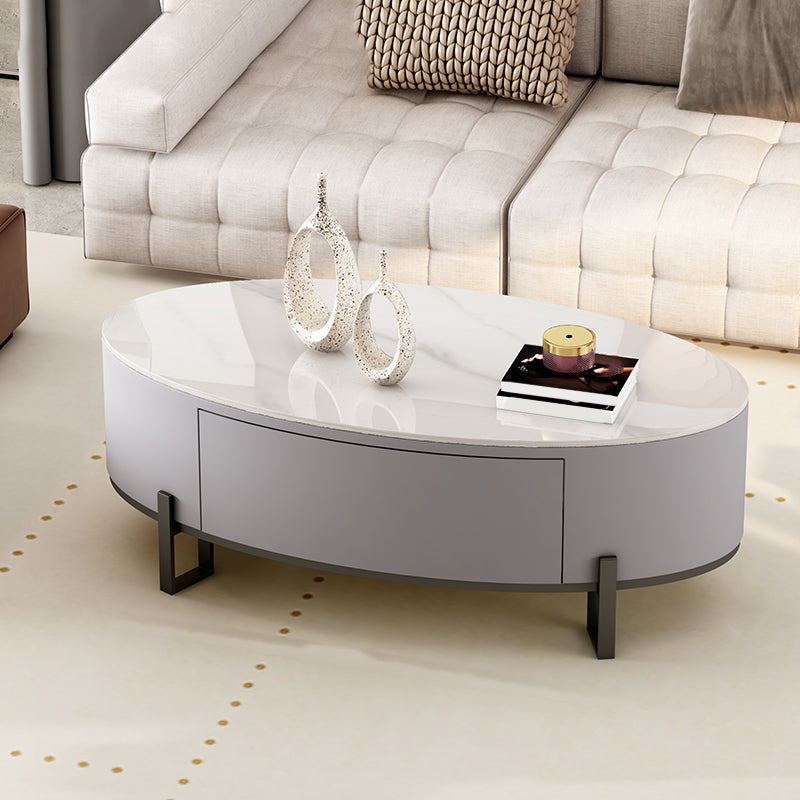 Couchtisch mit 4 Beinen, ovaler Cocktailtisch mit Schieferplatte und Schublade