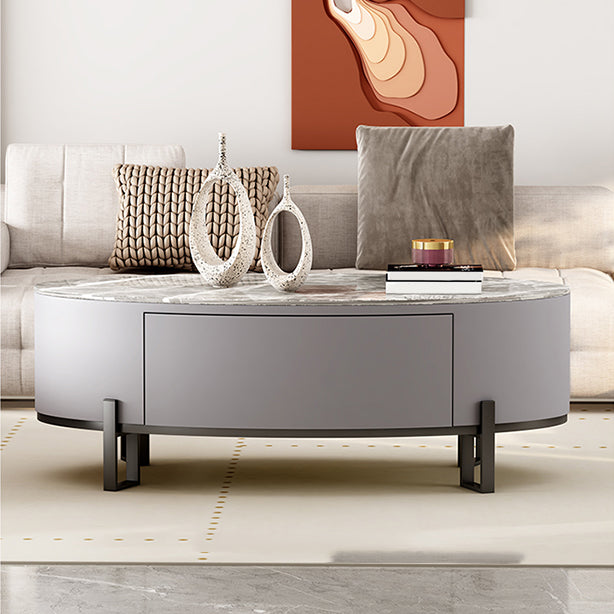 Couchtisch mit 4 Beinen, ovaler Cocktailtisch mit Schieferplatte und Schublade