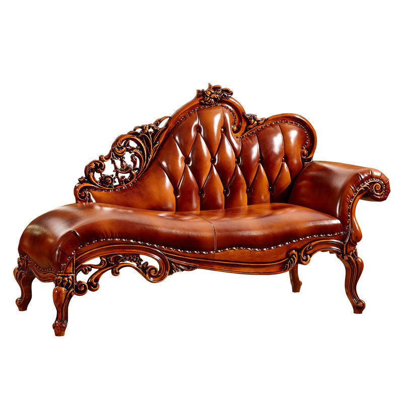 Genuine Leather Accent Chair Traditional Solid Wood Rolled Arms Chaise Brown Right-Arm Chaise Clearhalo 'Chairs & Seating' 'Chaise Lounge' 'chaise_lounge' 'furn' 'furn_chaise_lounge' 'Furniture' 'Living Room Furniture' 7534767