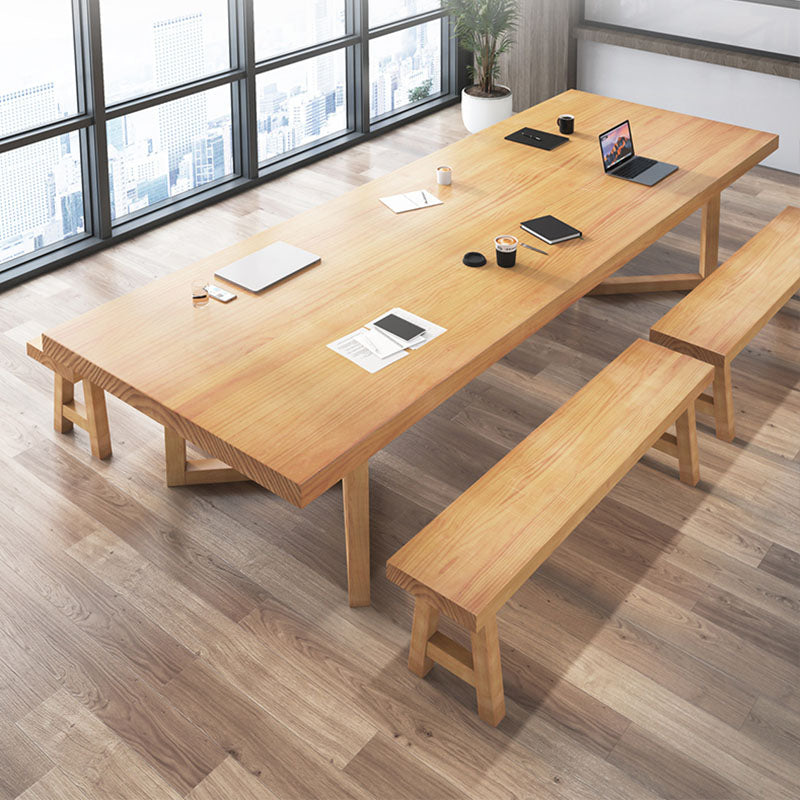 Contemporary Style Natural Office Desk Rectangular Shape Task Desk with 2 Legs 110.2"L x 47.2"W x 29.5"H Clearhalo 'furn' 'furn_office_desk' 'Furniture' 'Office Desks' 'Office Furniture' 'office_desk' 7535477