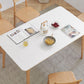 Mesa de comedor rectangular de piedra moderna con patas de madera para comedor