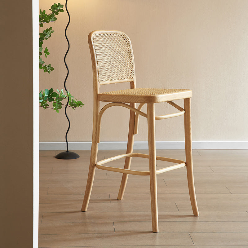 Tabouret de bar en rotin sans bras contemporain avec base de bois massif en cendres