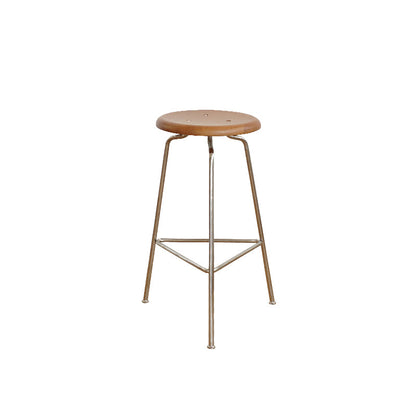 Contemporary Solid Wood Round Armless Bar Stool with Metal Base