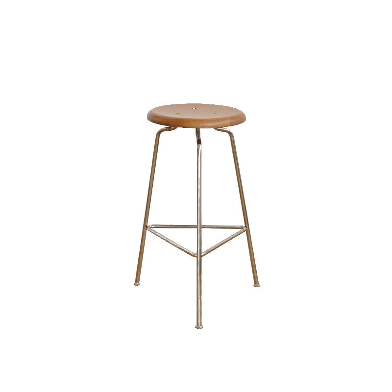 Contemporary Solid Wood Round Armless Bar Stool with Metal Base