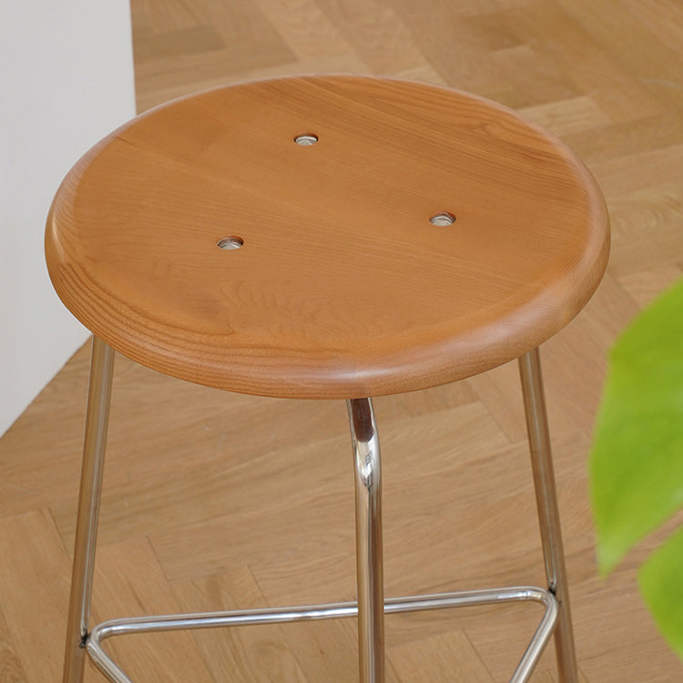 Contemporary Solid Wood Round Armless Bar Stool with Metal Base
