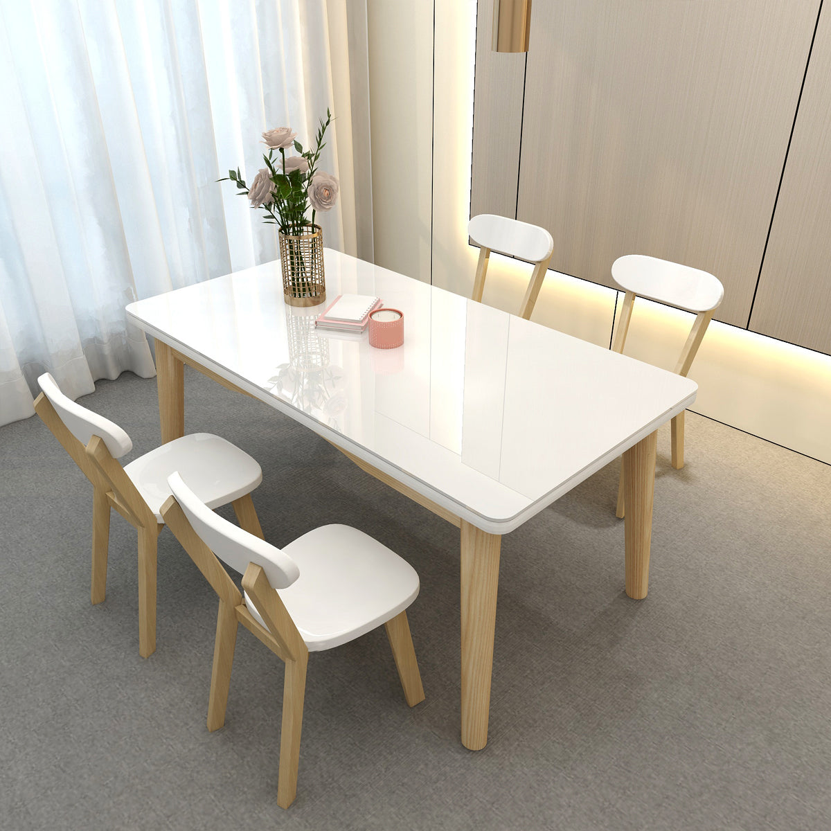 Contemporary Dining Table White Dining Table with Solid Wood Base