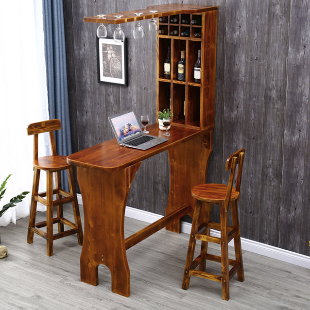Table de bistro en bois de pin marron avec support à vin, table de pub pour bar
