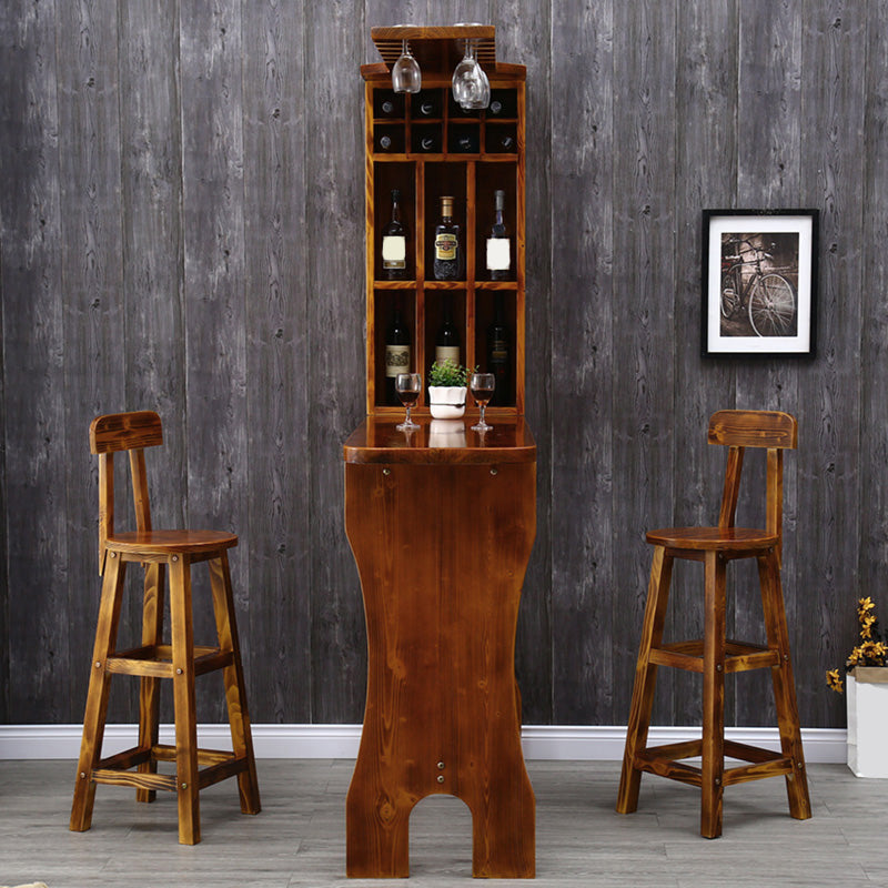Table de bistro en bois de pin marron avec support à vin, table de pub pour bar