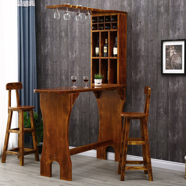 Table de bistro en bois de pin marron avec support à vin, table de pub pour bar