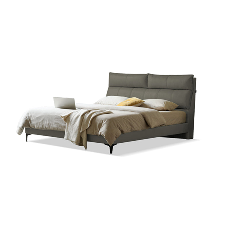 Leather Standard Bed Contemporary Wood Frame Bed with Upholstered Headboard 59"W x 79"L Dark Gray Bed & Mattress Clearhalo 'Bedroom Furniture' 'Beds' 'furn' 'furn_beds' 'Furniture' 7561771