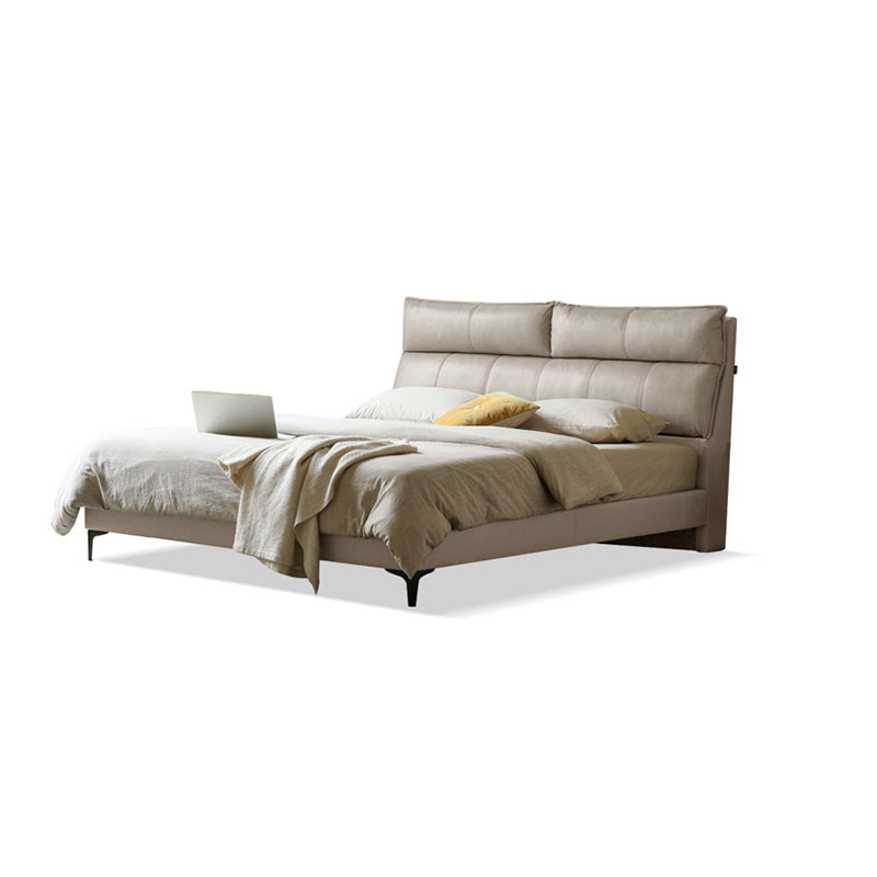 Leather Standard Bed Contemporary Wood Frame Bed with Upholstered Headboard 59"W x 79"L Light Gray Bed & Mattress Clearhalo 'Bedroom Furniture' 'Beds' 'furn' 'furn_beds' 'Furniture' 7561772