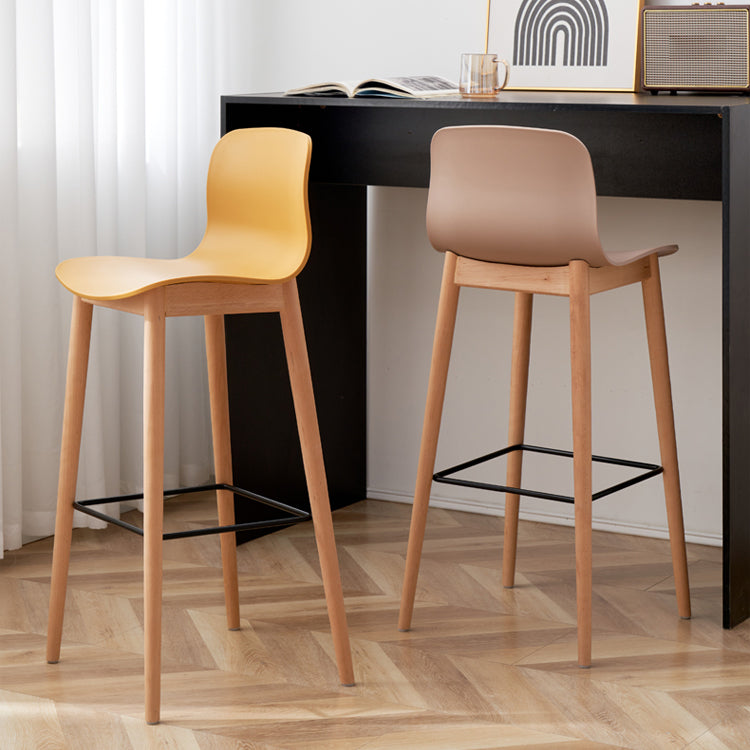 Contemporary Plastic Armless Bar Stools with Solid Wood Base