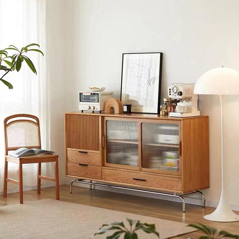 Contemporary Glass Doors Display Stand Pine Storage Cabinet for Dining Room Clearhalo 'Display & China Cabinets' 'display_china_cabinets' 'furn' 'furn_display_china_cabinets' 'Furniture' 'Kitchen & Dining Furniture' 7573942