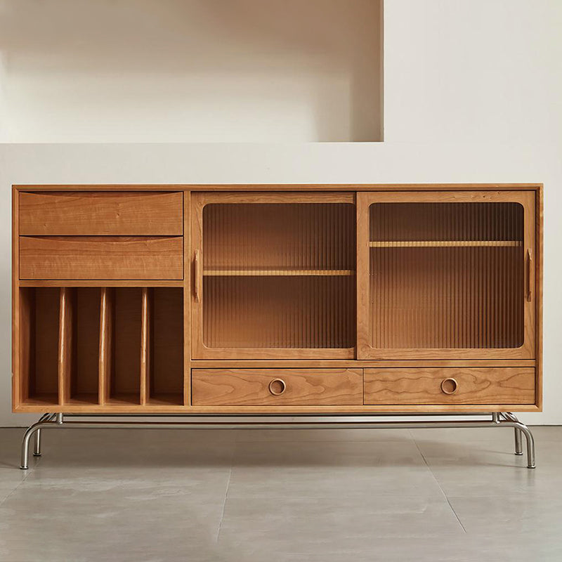 Contemporary Glass Doors Display Stand Pine Storage Cabinet for Dining Room Clearhalo 'Display & China Cabinets' 'display_china_cabinets' 'furn' 'furn_display_china_cabinets' 'Furniture' 'Kitchen & Dining Furniture' 7573949