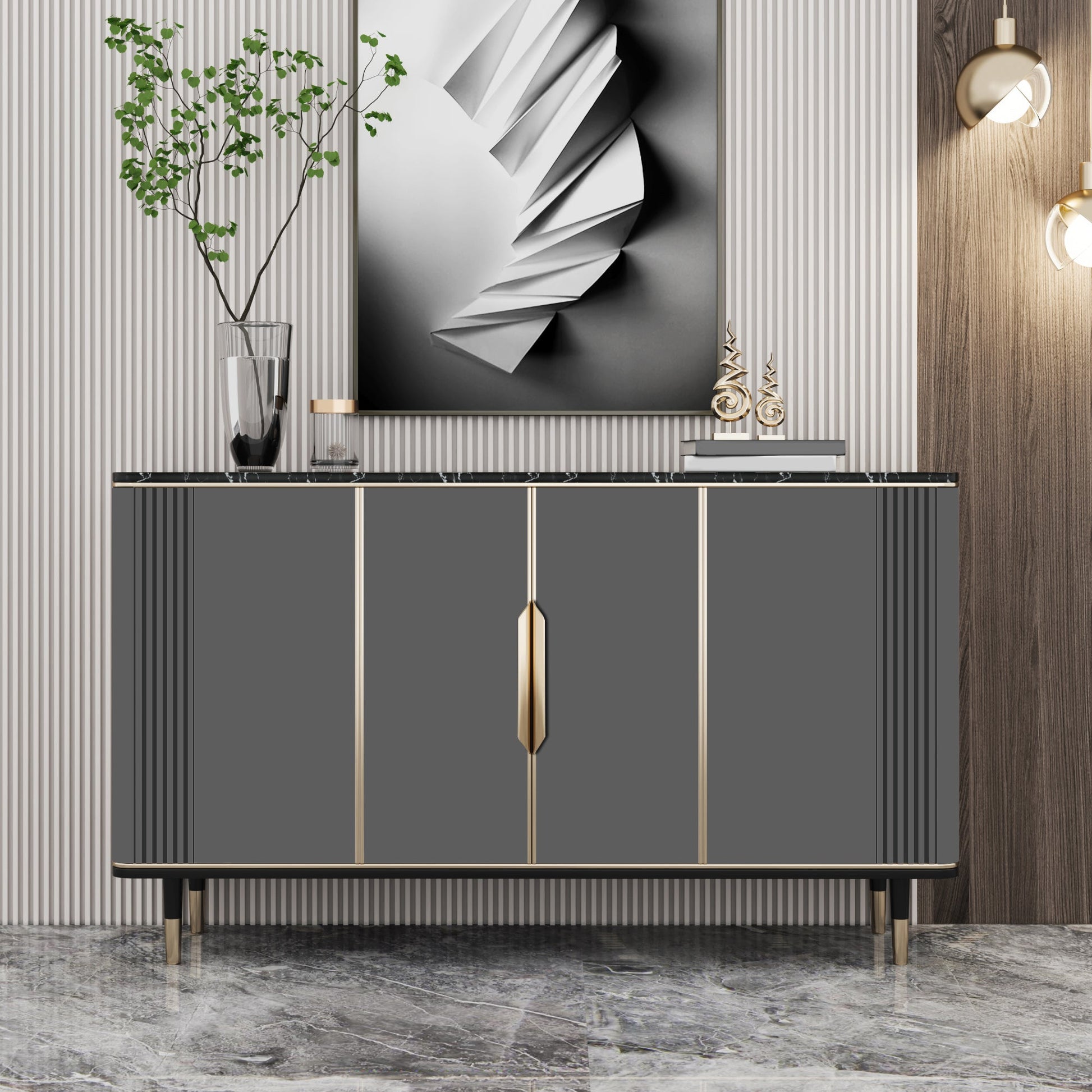 Glam Dining Server Marble Buffet Server with Doors for Living Room 59"L x 16"W x 35"H Grey Clearhalo 'buffet_sideboard' 'Buffets & Sideboards' 'furn' 'furn_buffet_sideboard' 'Furniture' 'Kitchen & Dining Furniture' 7589939