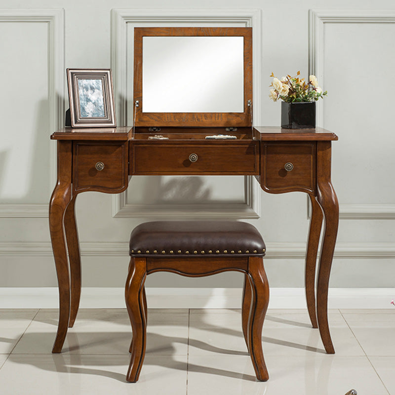 Traditional Standing Espresso Solid Wood 3 Drawer Mirror Bedroom Dressing Table Makeup Vanity & Mirror & Stools Clearhalo 'Bedroom Furniture' 'furn' 'furn_makeup_vanities' 'Furniture' 'Makeup Vanities' 'makeup_vanities' 7590614