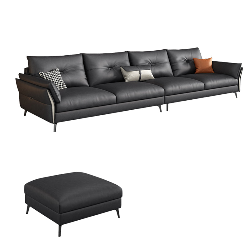 Mid Century Faux Leather Sectional Flared Arm Sectional Set in Black 4-Seater Sofa with Ottoman Clearhalo 'furn' 'furn_sectionals' 'Furniture' 'Living Room Furniture' 'Sectionals' 7590875