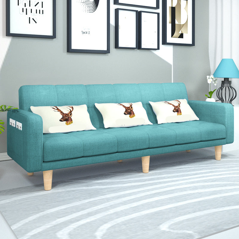 Scandinavian Seating Living Room Square Arm Biscuit Back Standard Settee Sky Blue Cotton and Linen Clearhalo 'furn' 'furn_sofas' 'Furniture' 'Living Room Furniture' 'Sofa' 'sofas' 7591561