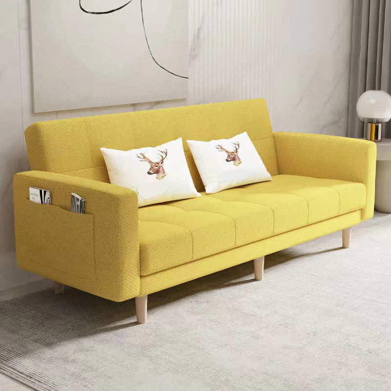Scandinavian Seating Living Room Square Arm Biscuit Back Standard Settee Lemon Yellow Cotton and Linen Clearhalo 'furn' 'furn_sofas' 'Furniture' 'Living Room Furniture' 'Sofa' 'sofas' 7591571