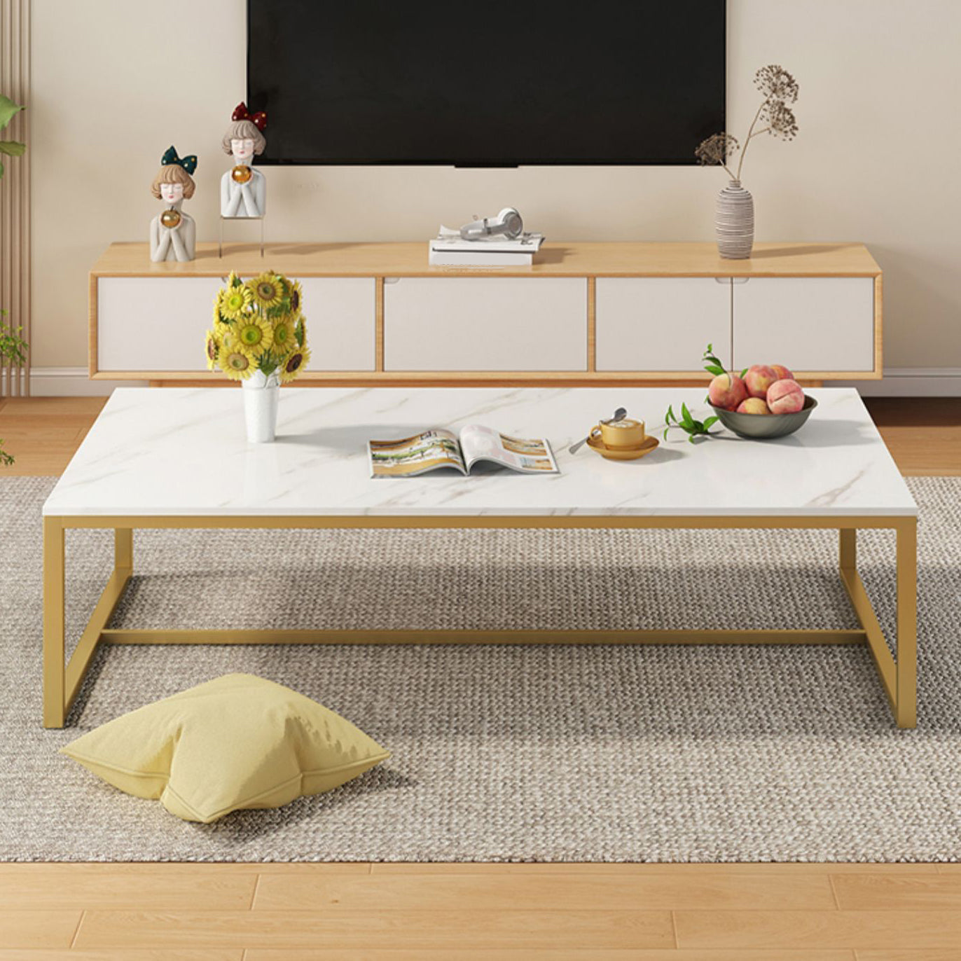 Table basse rectangulaire en bois avec base à tréteaux en acier et table de cocktail
