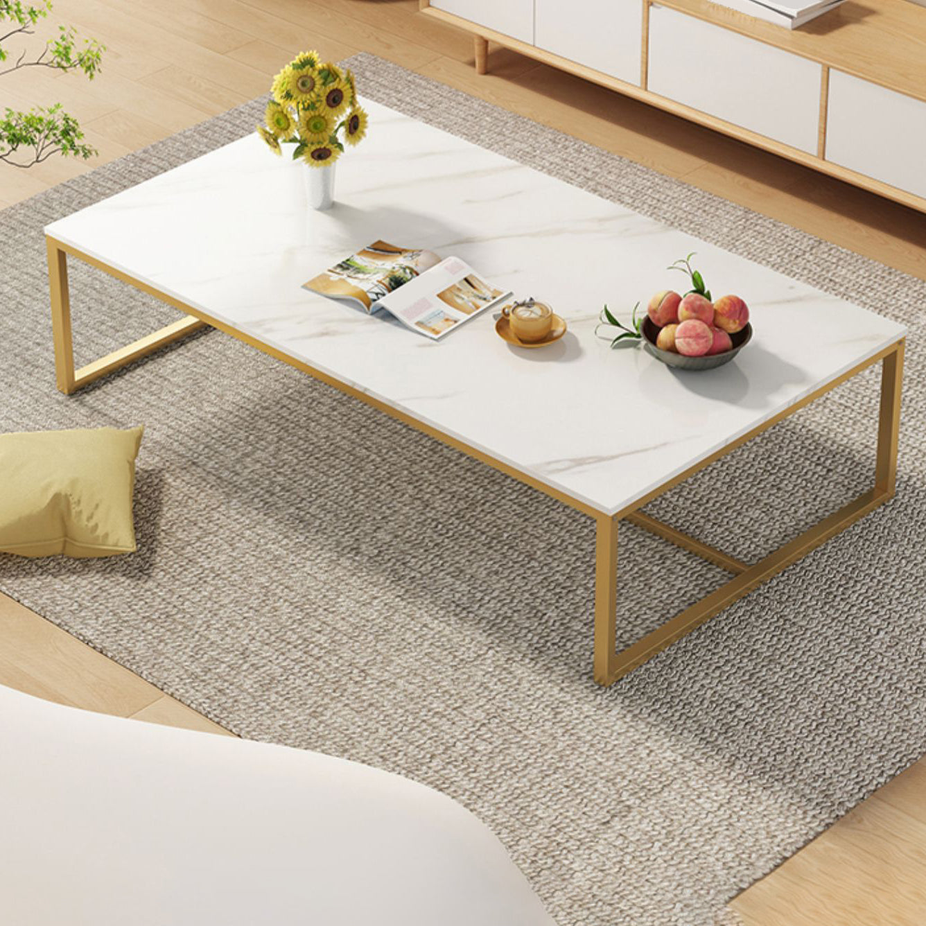 Table basse rectangulaire en bois avec base à tréteaux en acier et table de cocktail