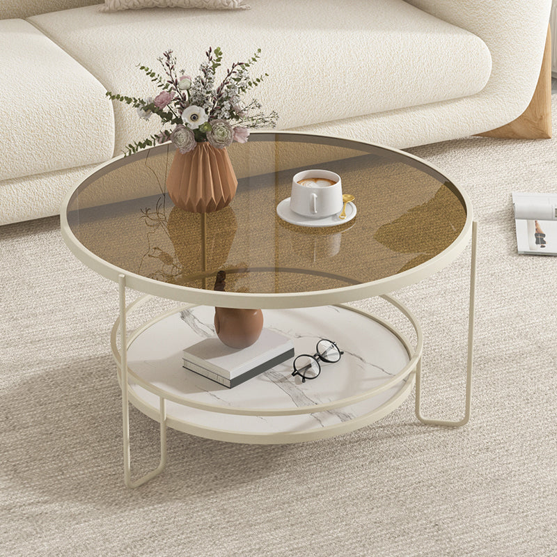 3 Legs Round Cocktail Table Glass Top Coffee Table with Shelf White-Brown Clearhalo 'Coffee & Accent Tables' 'Coffee Tables' 'coffee_tables' 'furn' 'furn_coffee_tables' 'Furniture' 'Living Room Furniture' 7592308