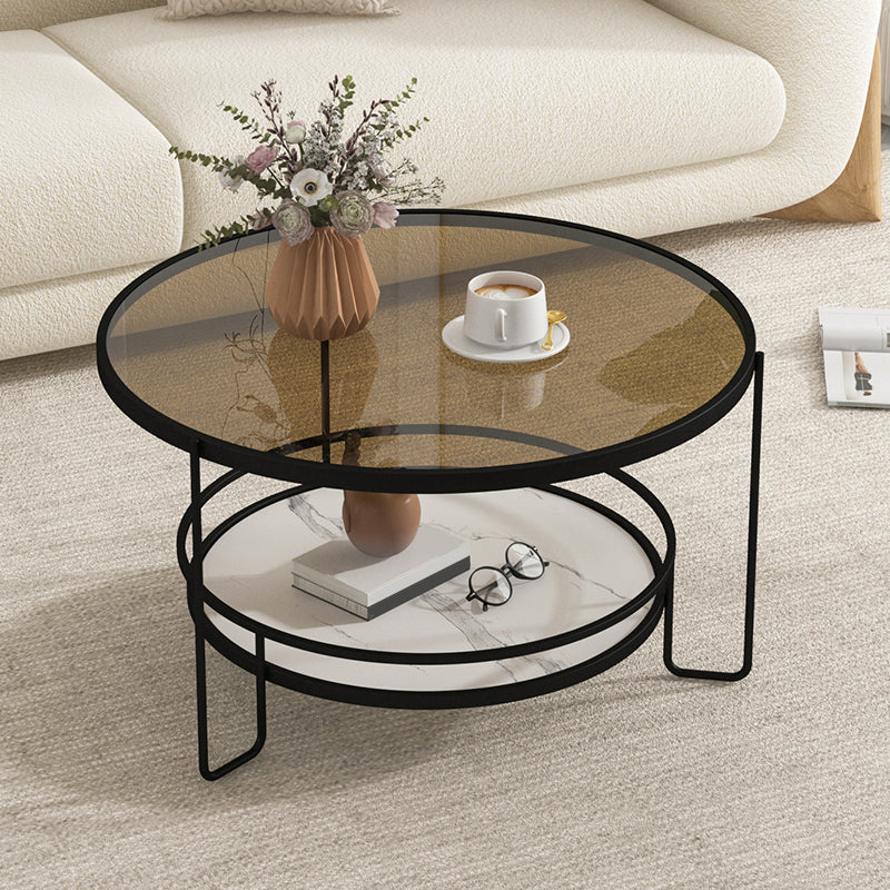 3 Legs Round Cocktail Table Glass Top Coffee Table with Shelf Black-Brown Clearhalo 'Coffee & Accent Tables' 'Coffee Tables' 'coffee_tables' 'furn' 'furn_coffee_tables' 'Furniture' 'Living Room Furniture' 7592309