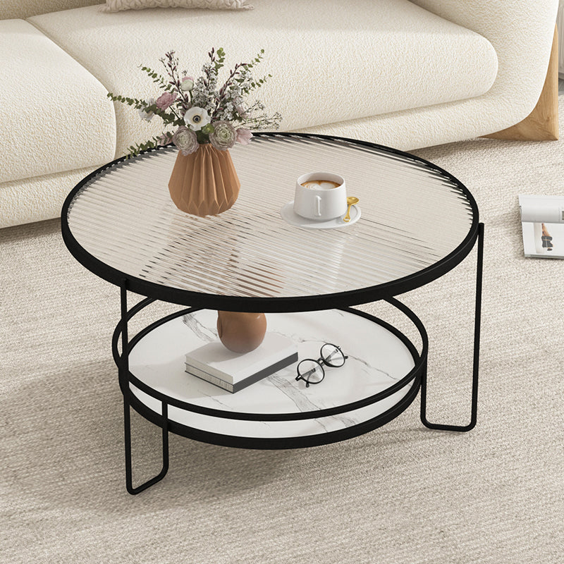 3 Legs Round Cocktail Table Glass Top Coffee Table with Shelf Black-White Clearhalo 'Coffee & Accent Tables' 'Coffee Tables' 'coffee_tables' 'furn' 'furn_coffee_tables' 'Furniture' 'Living Room Furniture' 7592313