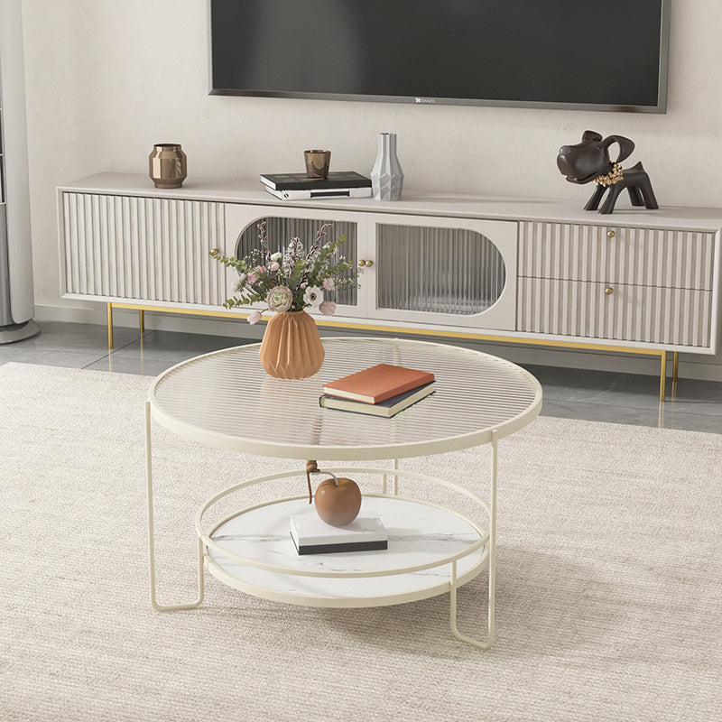 3 Legs Round Cocktail Table Glass Top Coffee Table with Shelf Clearhalo 'Coffee & Accent Tables' 'Coffee Tables' 'coffee_tables' 'furn' 'furn_coffee_tables' 'Furniture' 'Living Room Furniture' 7592320