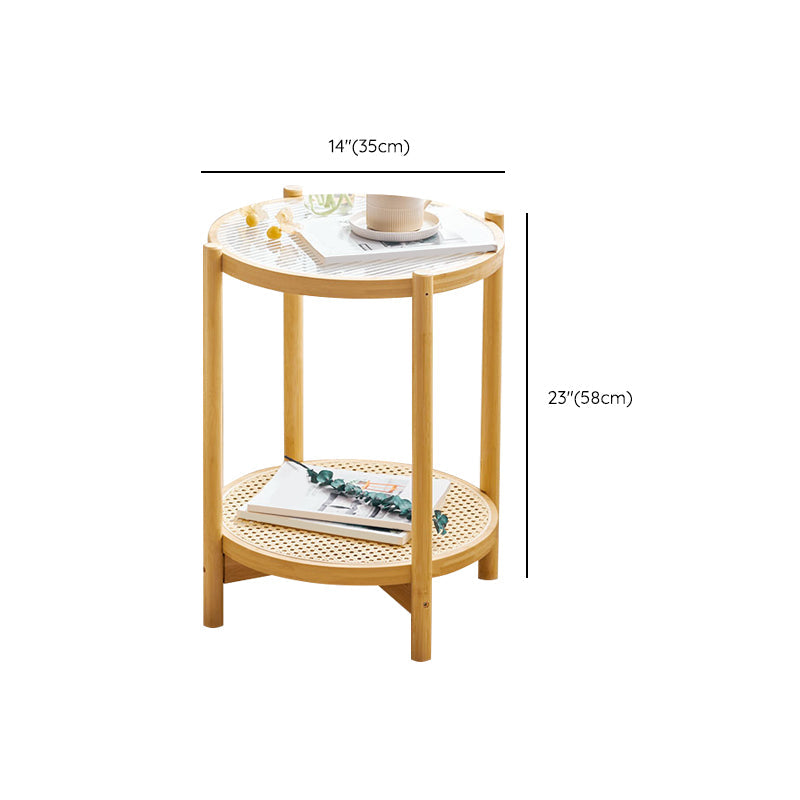 Wood 4 Legs Cocktail Table Round Glass Top Coffee Table with Shelf