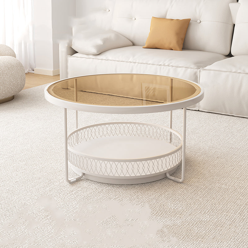 Iron 4 Legs Cocktail Table Round Glass Top Coffee Table with Shelf Brown Clearhalo 'Coffee & Accent Tables' 'Coffee Tables' 'coffee_tables' 'furn' 'furn_coffee_tables' 'Furniture' 'Living Room Furniture' 7592353