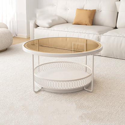 Iron 4 Legs Cocktail Table Round Glass Top Coffee Table with Shelf Brown Clearhalo 'Coffee & Accent Tables' 'Coffee Tables' 'coffee_tables' 'furn' 'furn_coffee_tables' 'Furniture' 'Living Room Furniture' 7592353