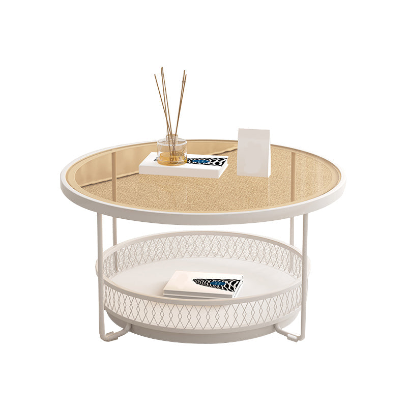 Iron 4 Legs Cocktail Table Round Glass Top Coffee Table with Shelf Clearhalo 'Coffee & Accent Tables' 'Coffee Tables' 'coffee_tables' 'furn' 'furn_coffee_tables' 'Furniture' 'Living Room Furniture' 7592358