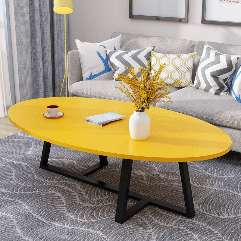 Metal Cross Legs Cocktail Table Wooden Oval Top Coffee Table Black Yellow Clearhalo 'Coffee & Accent Tables' 'Coffee Tables' 'coffee_tables' 'furn' 'furn_coffee_tables' 'Furniture' 'Living Room Furniture' 7592367