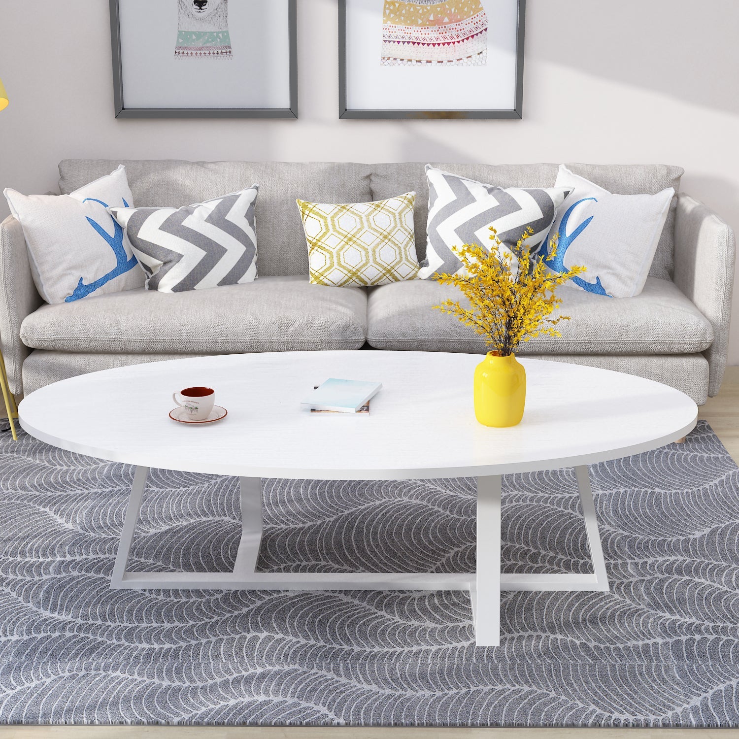 Metal Cross Legs Cocktail Table Wooden Oval Top Coffee Table White White Clearhalo 'Coffee & Accent Tables' 'Coffee Tables' 'coffee_tables' 'furn' 'furn_coffee_tables' 'Furniture' 'Living Room Furniture' 7592369