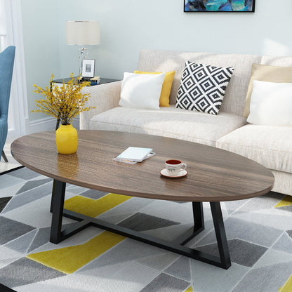 Metal Cross Legs Cocktail Table Wooden Oval Top Coffee Table Black Walnut Clearhalo 'Coffee & Accent Tables' 'Coffee Tables' 'coffee_tables' 'furn' 'furn_coffee_tables' 'Furniture' 'Living Room Furniture' 7592370