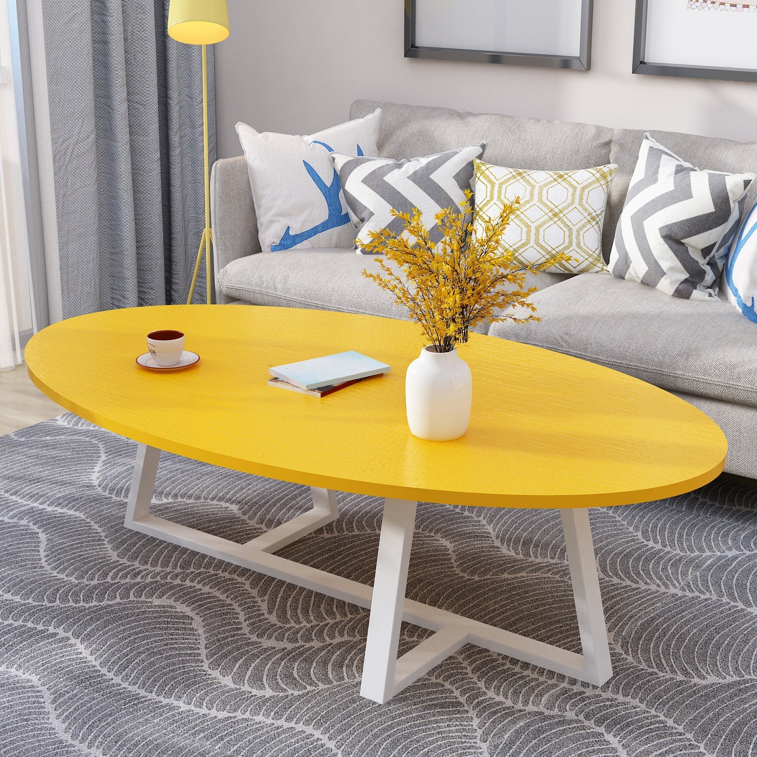 Metal Cross Legs Cocktail Table Wooden Oval Top Coffee Table White Yellow Clearhalo 'Coffee & Accent Tables' 'Coffee Tables' 'coffee_tables' 'furn' 'furn_coffee_tables' 'Furniture' 'Living Room Furniture' 7592371