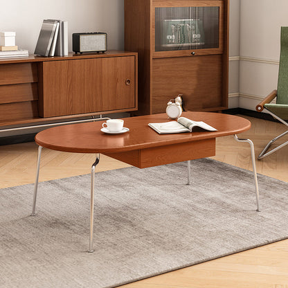 Steel 4 Legs Cocktail Table Oval Wood Top Coffee Table with Drawer Walnut Clearhalo 'Coffee & Accent Tables' 'Coffee Tables' 'coffee_tables' 'furn' 'furn_coffee_tables' 'Furniture' 'Living Room Furniture' 7592407