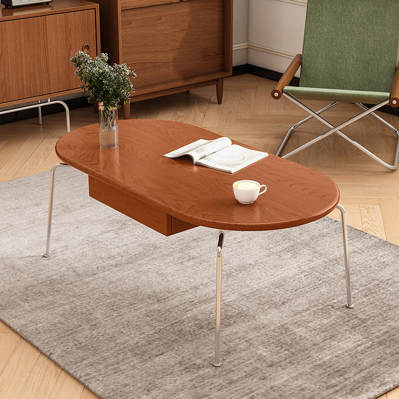 Steel 4 Legs Cocktail Table Oval Wood Top Coffee Table with Drawer Clearhalo 'Coffee & Accent Tables' 'Coffee Tables' 'coffee_tables' 'furn' 'furn_coffee_tables' 'Furniture' 'Living Room Furniture' 7592409
