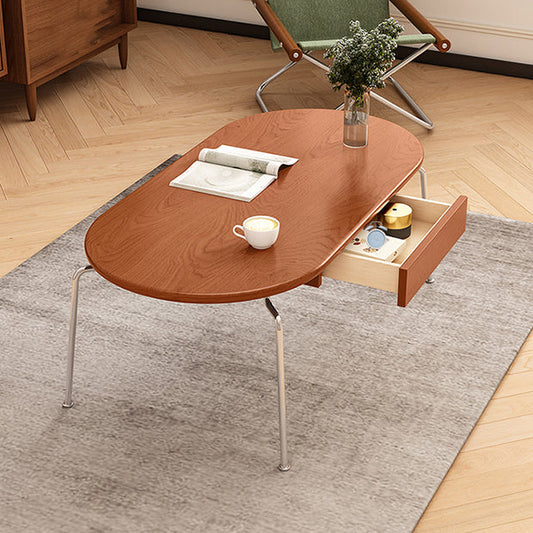 Steel 4 Legs Cocktail Table Oval Wood Top Coffee Table with Drawer Clearhalo 'Coffee & Accent Tables' 'Coffee Tables' 'coffee_tables' 'furn' 'furn_coffee_tables' 'Furniture' 'Living Room Furniture' 7592416
