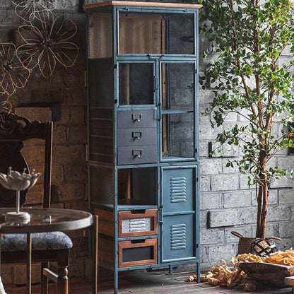 Glass Paned Industrial Cabinet Distressed Metal Accent Cabinet 23.6"L x 11.8"W x 63"H